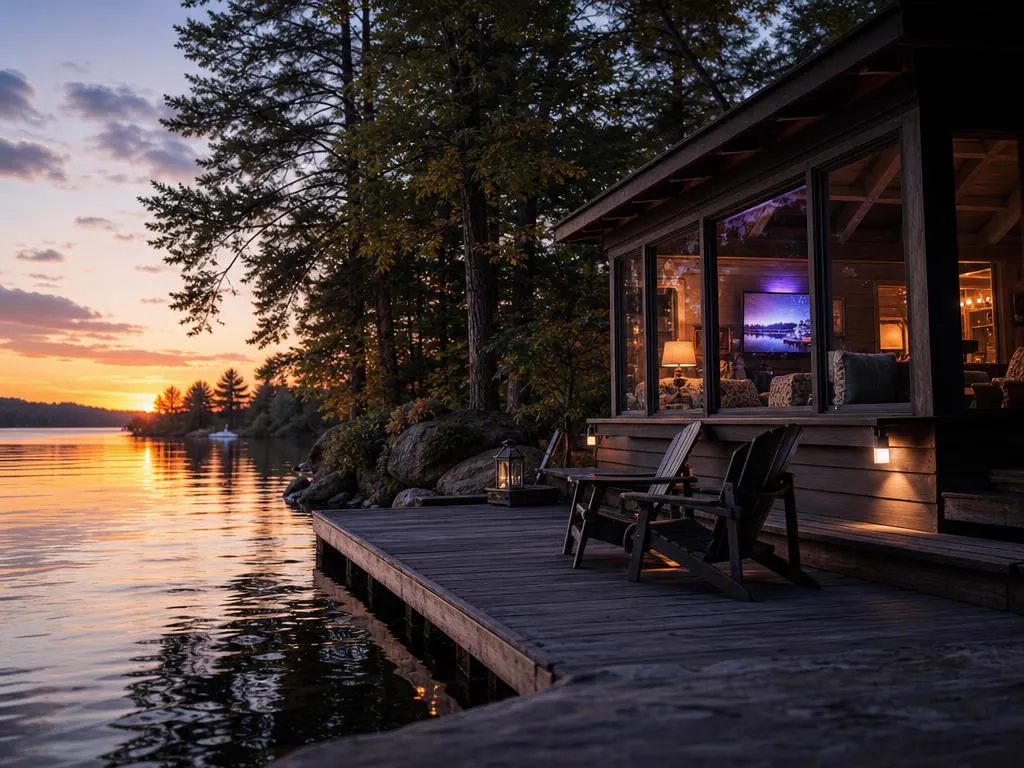 Lake cottage at sunset with a TV visible through the window and a dock in front