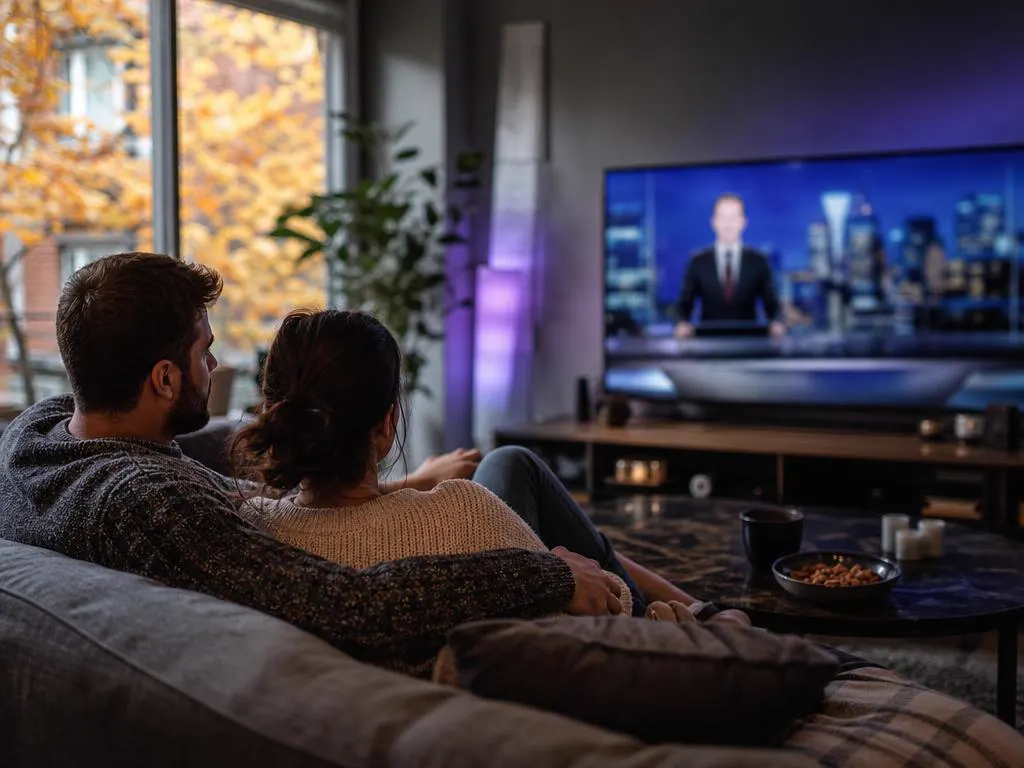 Couple in a city townhouse watching a French-language news program