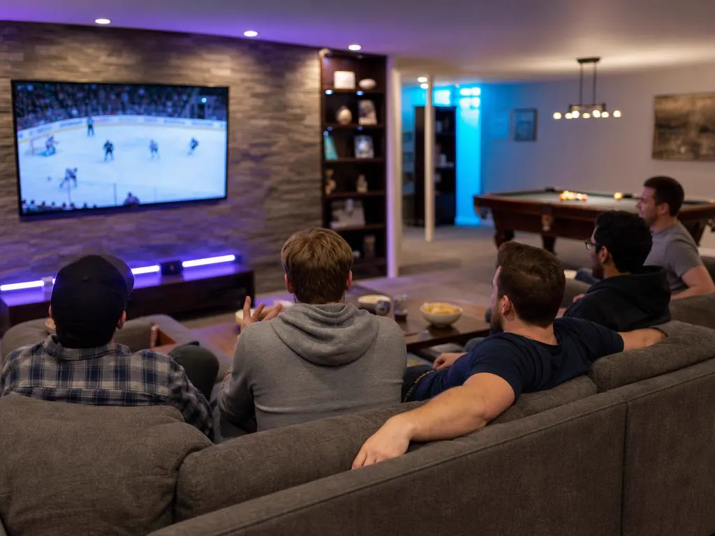 Basement rec room with friends watching a hockey game on a big TV