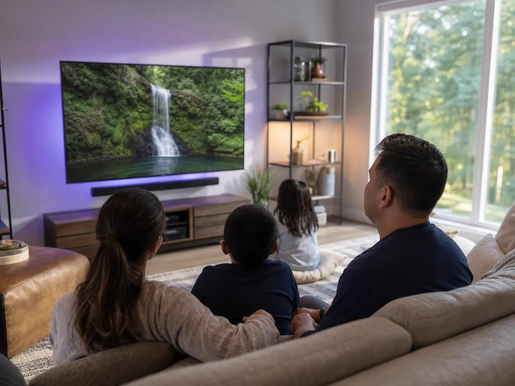 Suburban family living room with kids watching a nature documentary