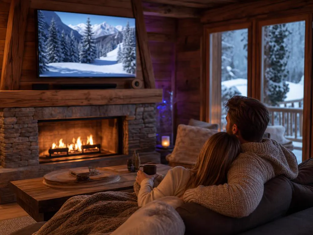 Cozy chalet living room in the snow with a TV showing a winter nature program