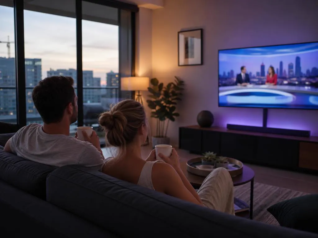 Couple with coffee watching a French-language morning news show in a modern condo