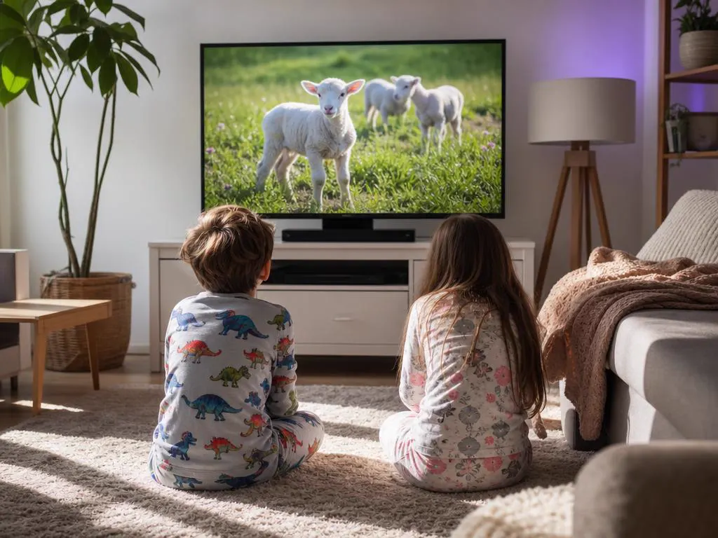 Two kids in pajamas watching a bright children's nature show on TV