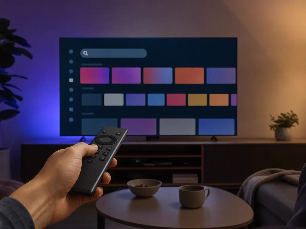TV showing an app store search with a remote in hand