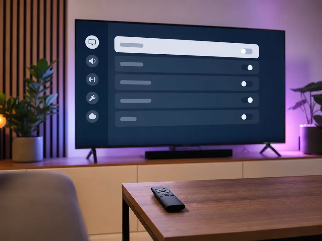 Fire TV settings menu with a remote, abstract screen