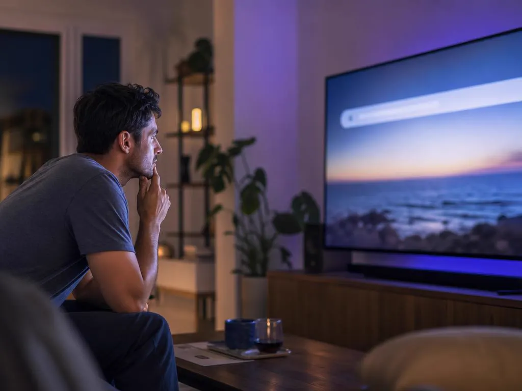 Person carefully checking a web address on the TV before downloading