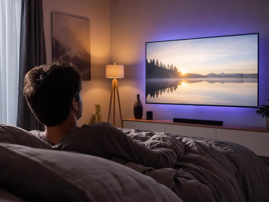 Smart TV de chambre qui diffuse une émission nature apaisante