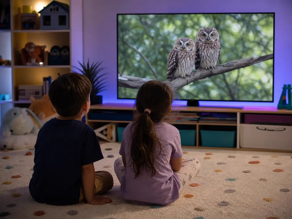 Enfants devant une émission nature sur la Smart TV de la salle de jeux