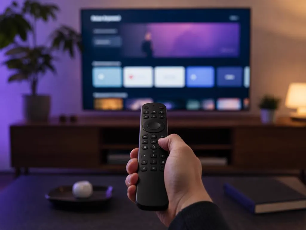Main qui tient une télécommande TV vers une Smart TV affichant une page de boutique d’applis