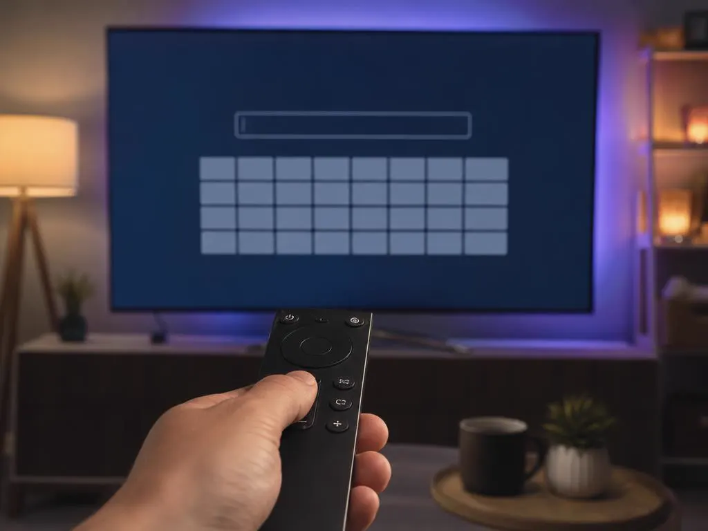 TV qui affiche un écran de connexion avec un clavier à l’écran, télécommande au premier plan
