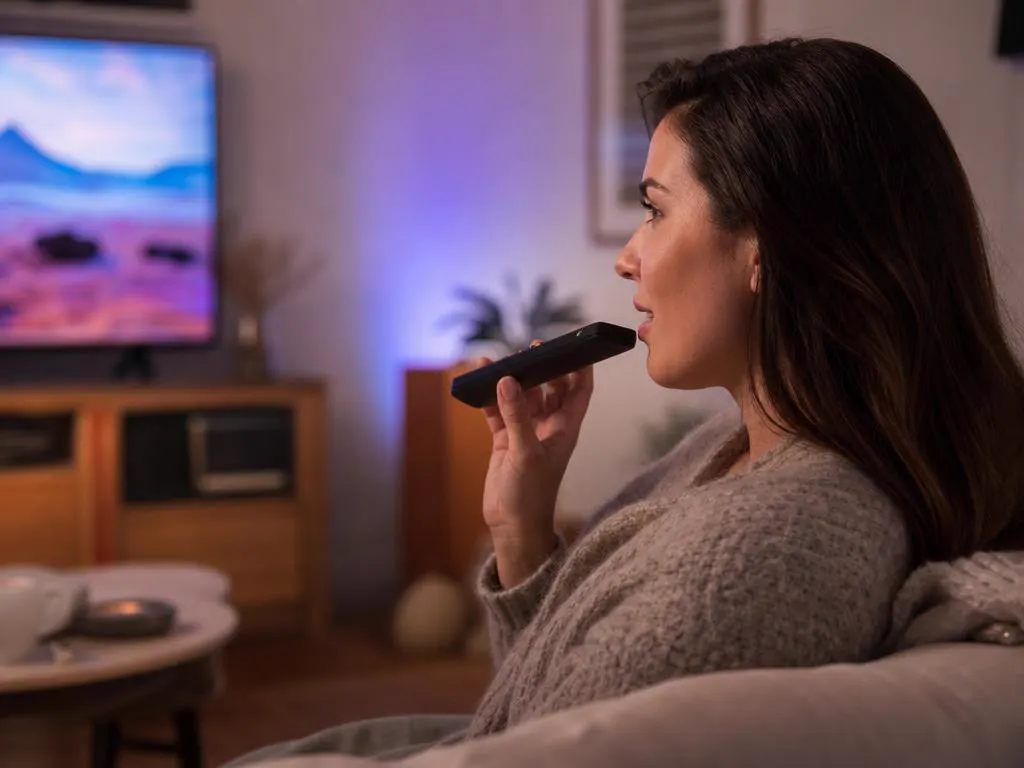 Personne qui tient une télécommande TV près de la bouche pour une recherche vocale dans un salon chaleureux