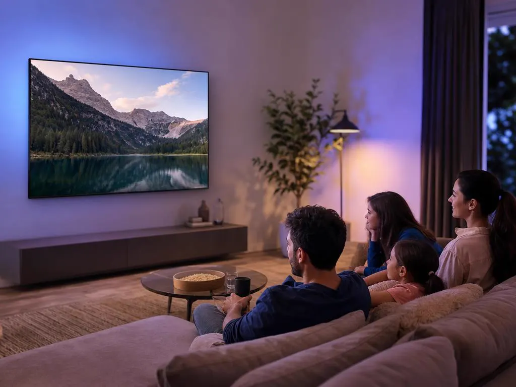 Salon minimaliste avec une Smart TV murale qui fait tourner IPTV Smarters Pro Android TV