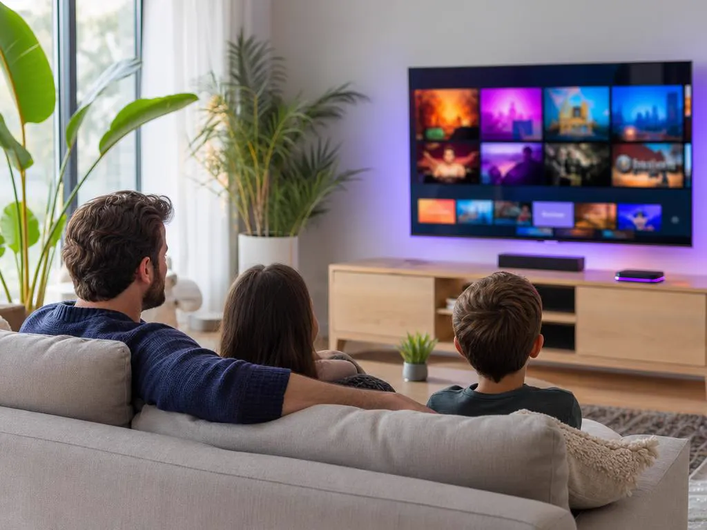 Family living room with an Android TV box under a large TV