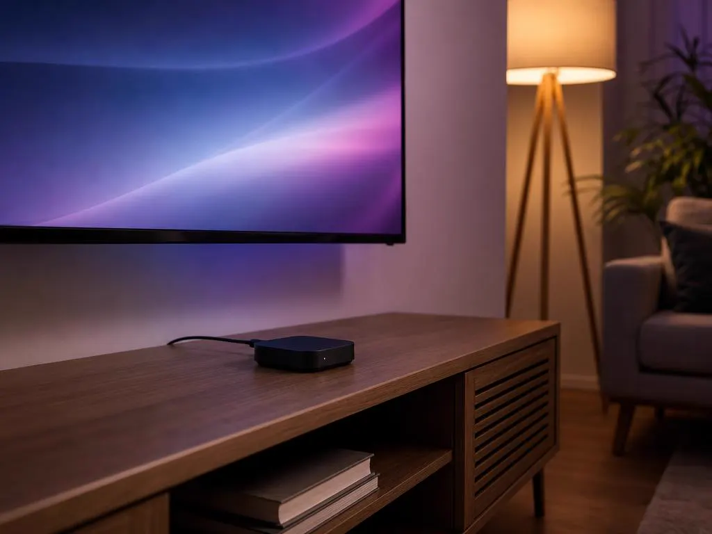 Android TV box connected to a living-room TV with an Ethernet cable