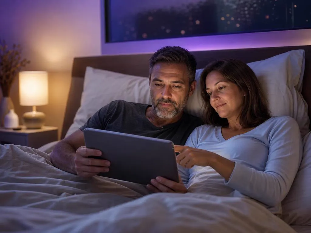 Couple watching a series on an Android tablet in bed