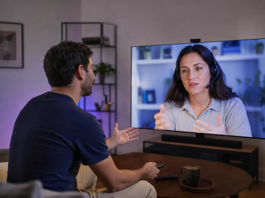Support specialist with a headset helping a customer set up a TV on a video call