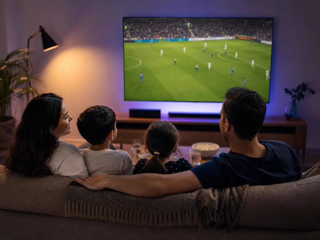 Family on a sofa watching a live game on a big TV with a small box underneath