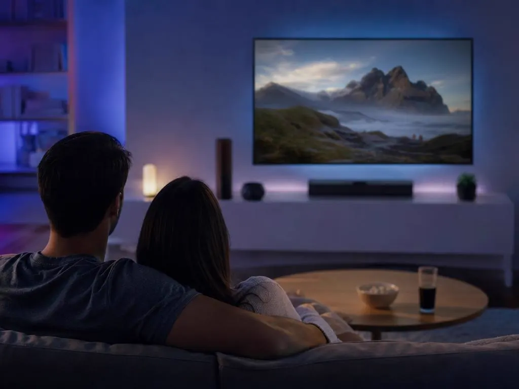 Couple watching a cinematic scene in a dark living room