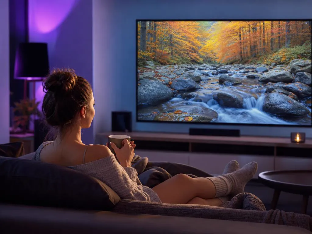 Large TV showing a crisp, colorful nature scene in a dim modern room