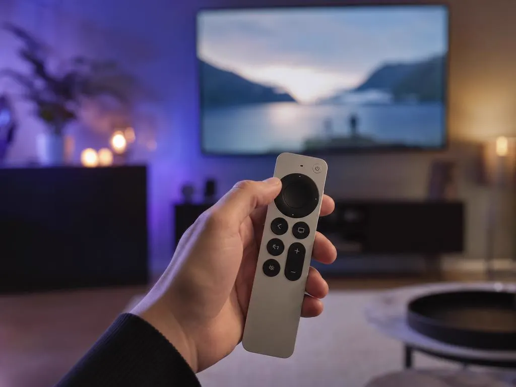 Hand holding a slim aluminum-colored remote with a TV glowing behind