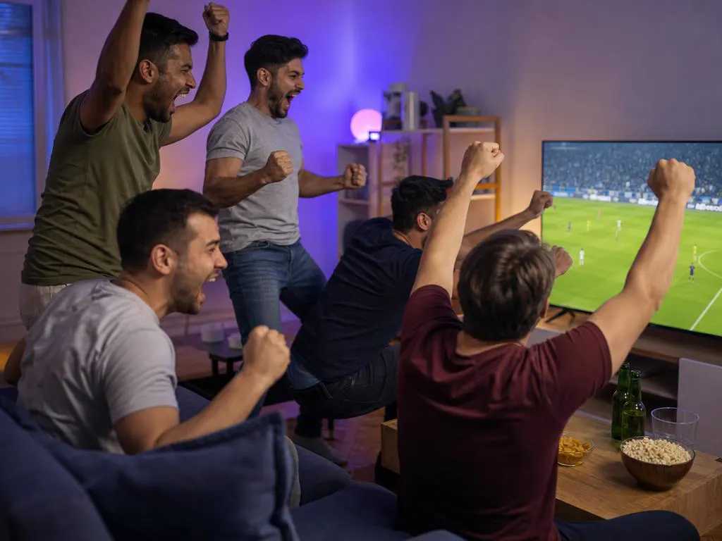Amis qui célèbrent un match en direct après avoir réparé le flux