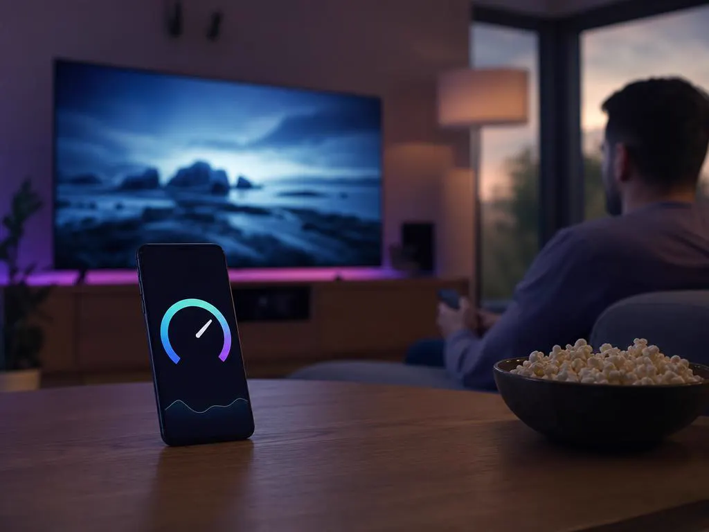 Téléphone qui fait un test de débit internet à côté d’une TV