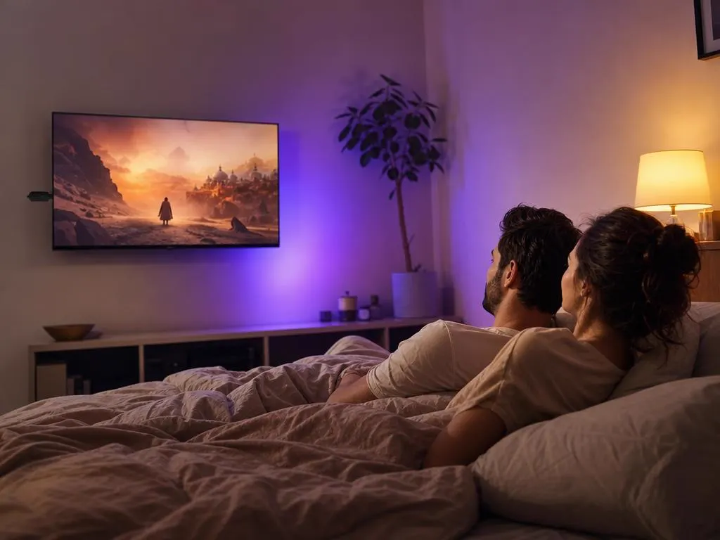 Couple qui regarde un film au lit après l’installation d’IPTV Smarters Pro Firestick