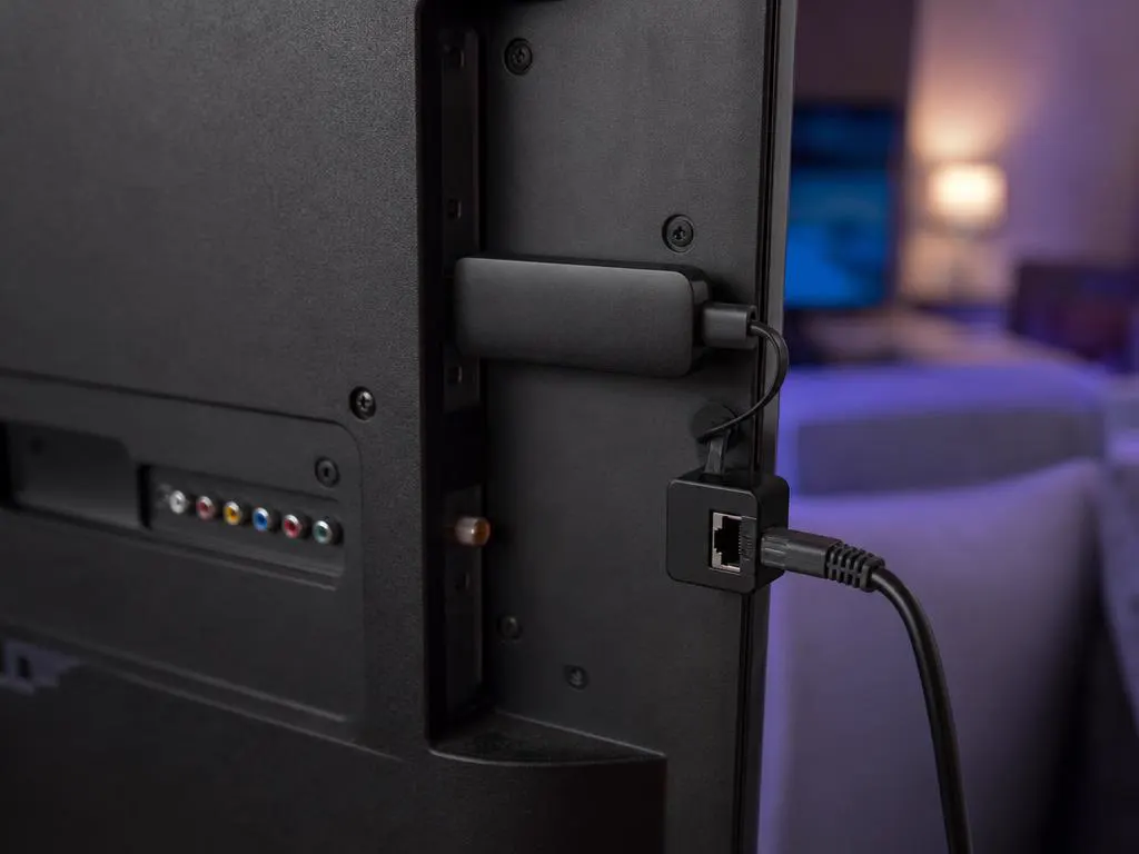 Clé de streaming de type Fire TV branchée sur une TV avec un petit adaptateur Ethernet