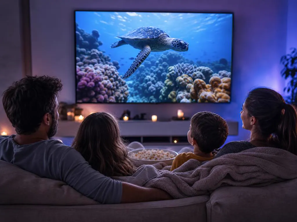 Famille devant un documentaire sur l’océan sur une grande TV