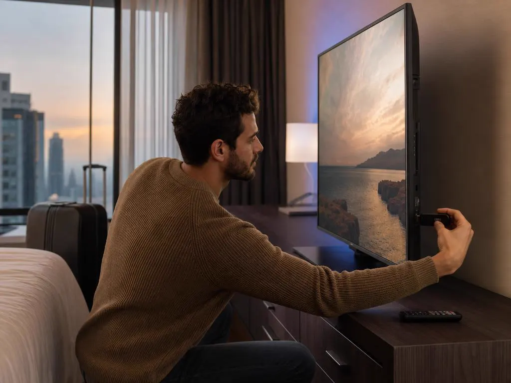 Voyageur qui branche une clé de streaming sur la TV d’une chambre d’hôtel