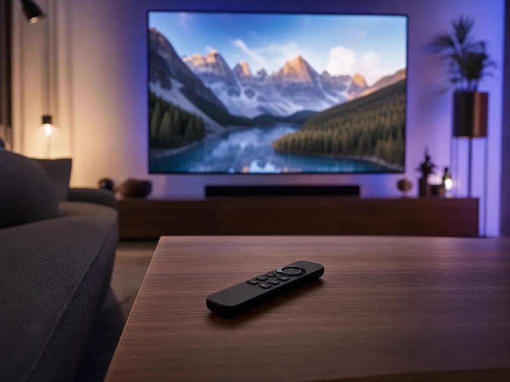 Télécommande Fire TV posée sur une table basse devant une TV qui diffuse une scène nature