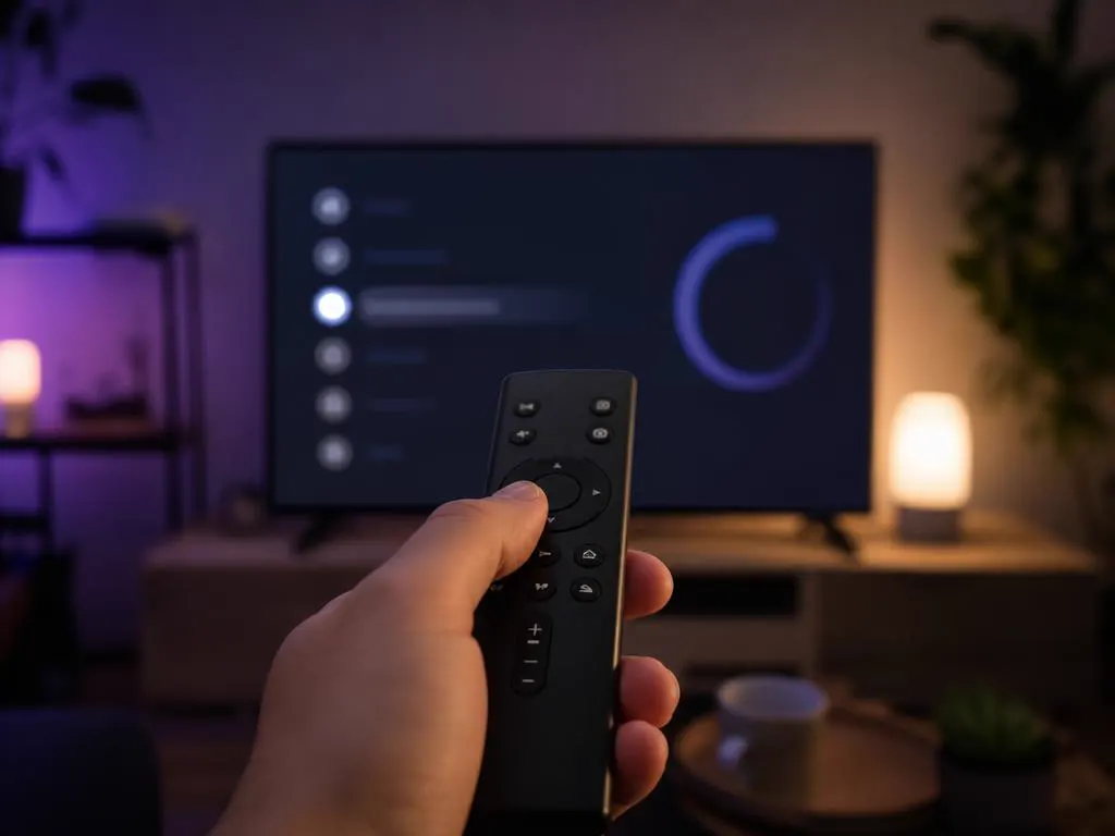 Main qui tient une télécommande de streaming devant une TV affichant un menu de réglages abstrait