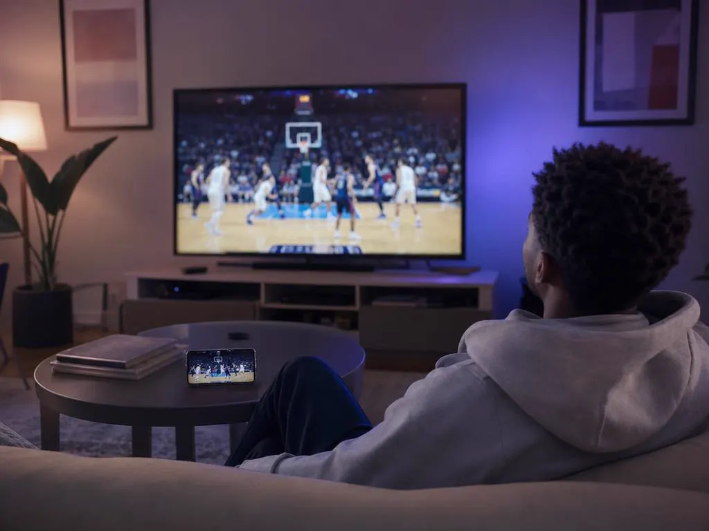 Phone on a coffee table sending a live game to a large TV
