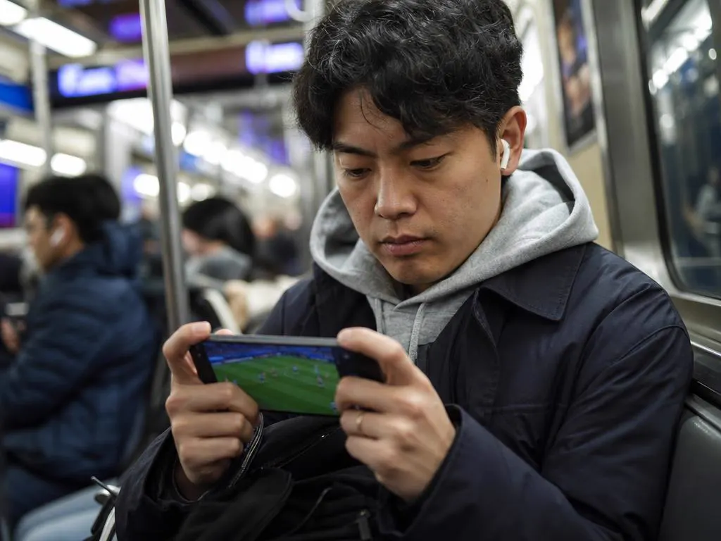 Commuter watching a live game on a phone on the subway