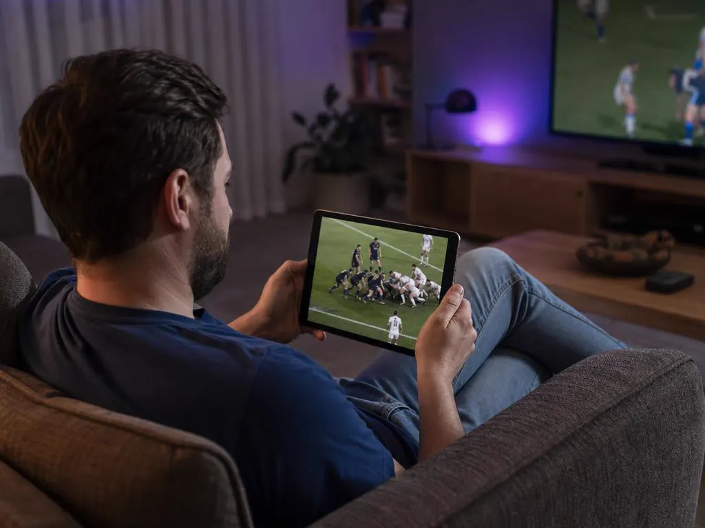 Man relaxing in an armchair watching a live match on a tablet