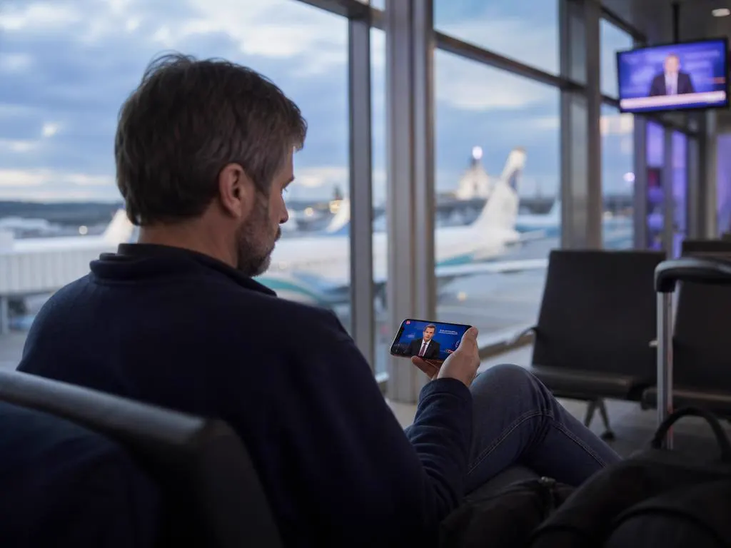 Traveler watching the news on a phone at an airport gate