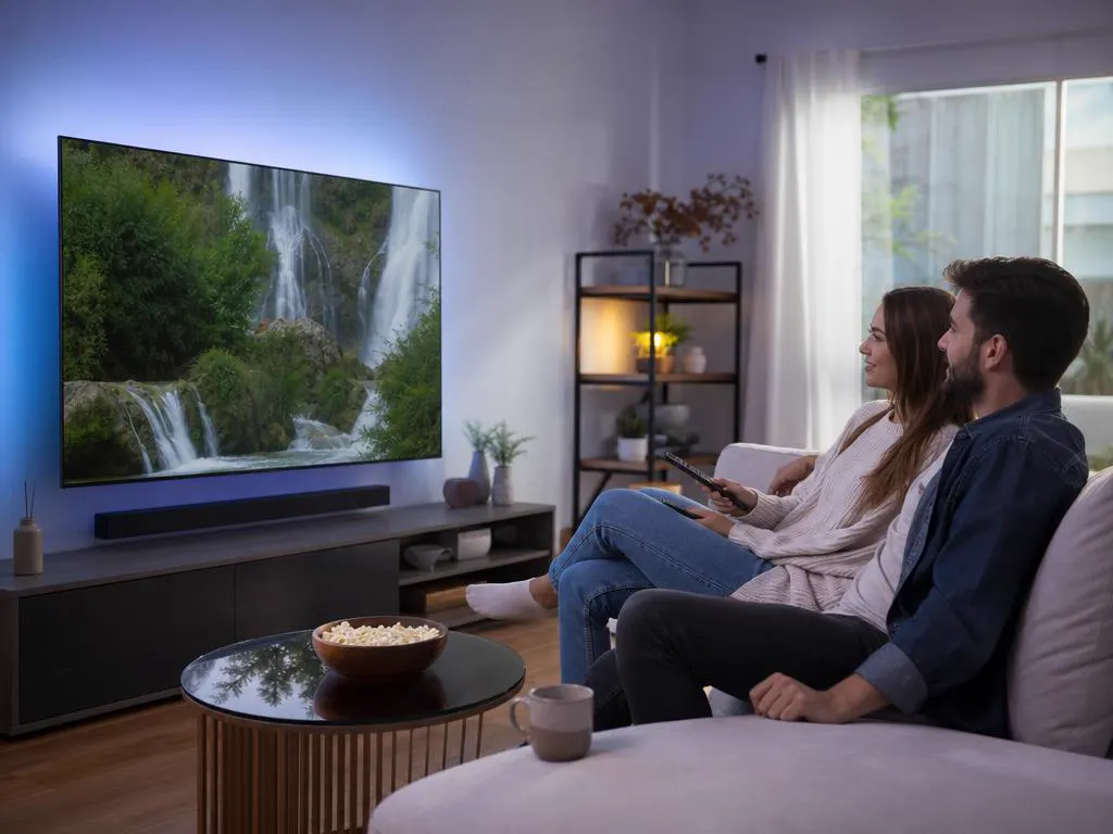 Salon lumineux avec une TV ultra-fine qui diffuse une émission nature