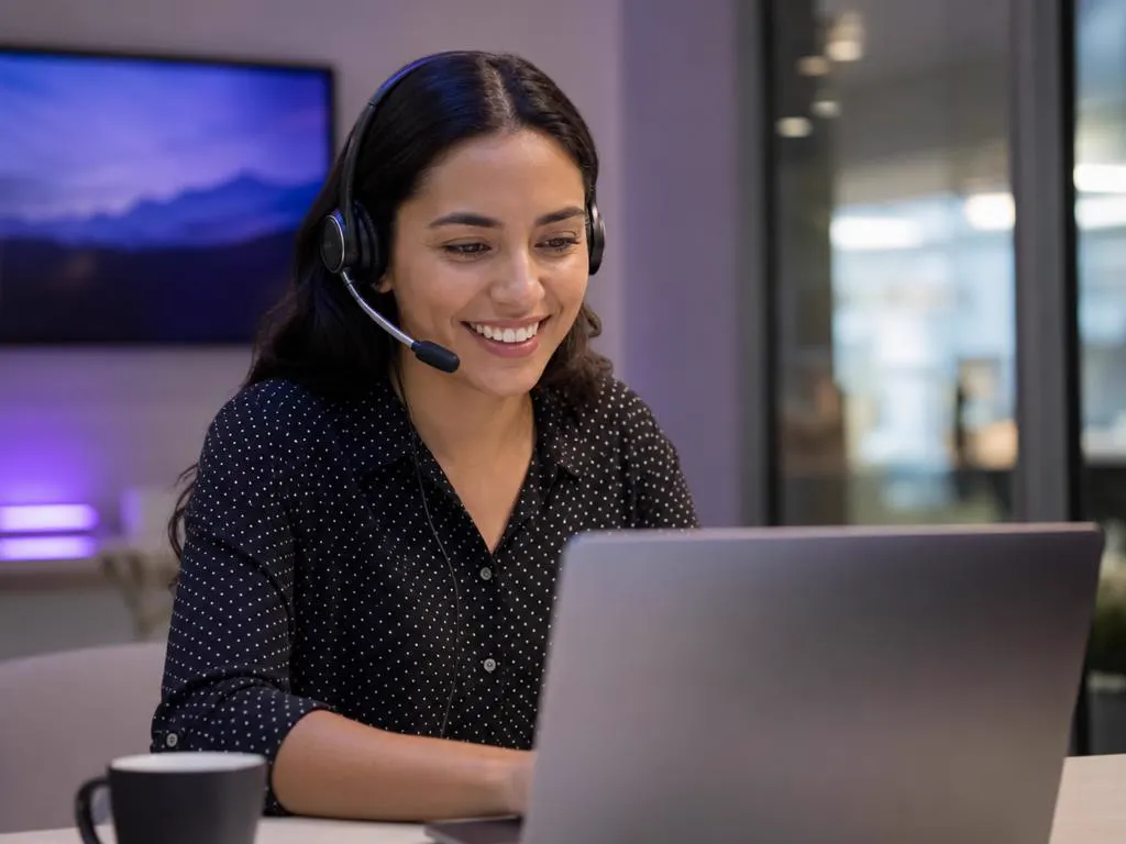 Conseillère support souriante avec un casque qui aide un client sur un portable