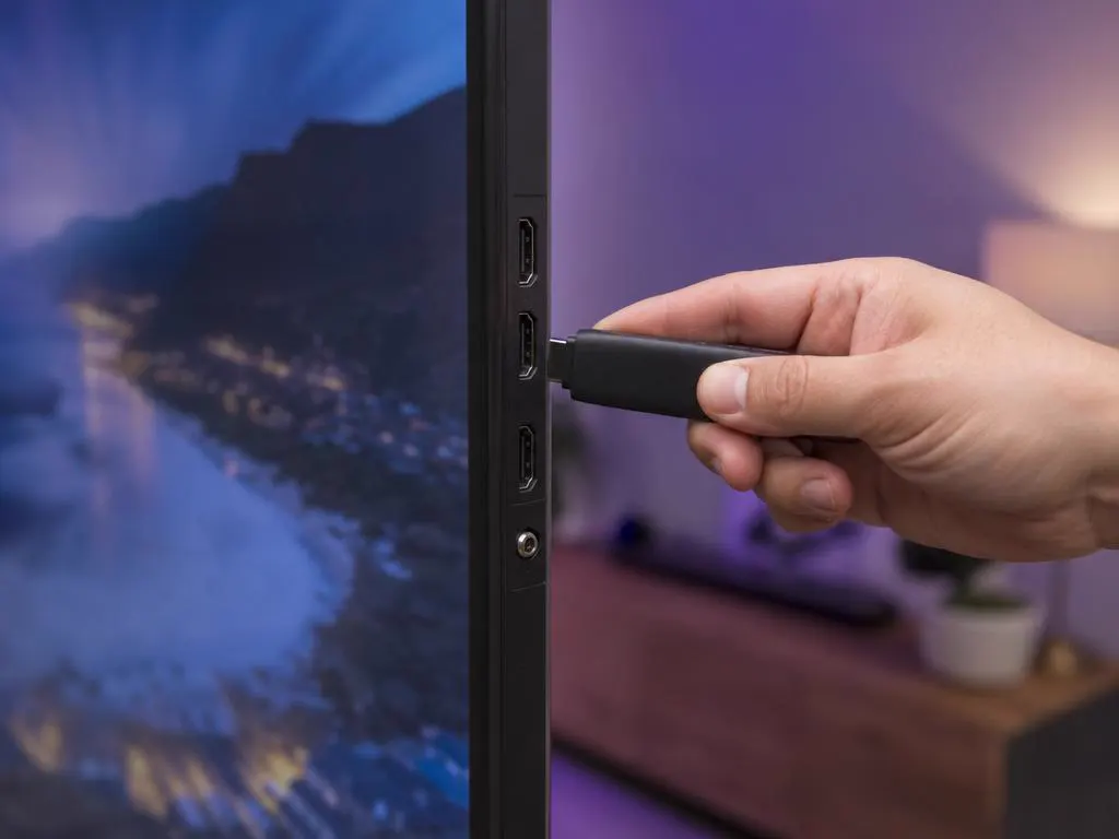 Main qui branche une clé de streaming sur le côté d’une TV fine