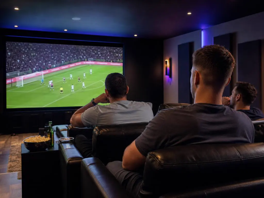Salle de cinéma maison sombre avec une grande TV qui affiche un match de football en direct éclatant