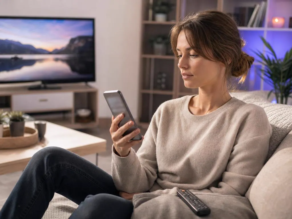 Femme qui lit un e-mail d’activation sur son téléphone, à côté d’une télécommande