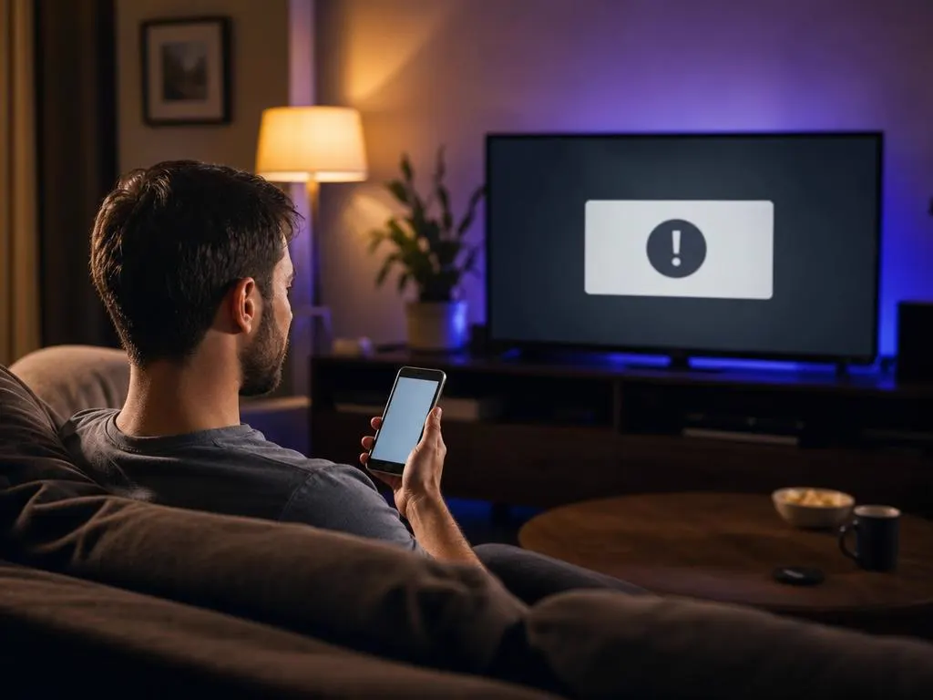 Homme calme sur un canapé devant une TV qui affiche une simple boîte de dialogue d’erreur sans texte lisible