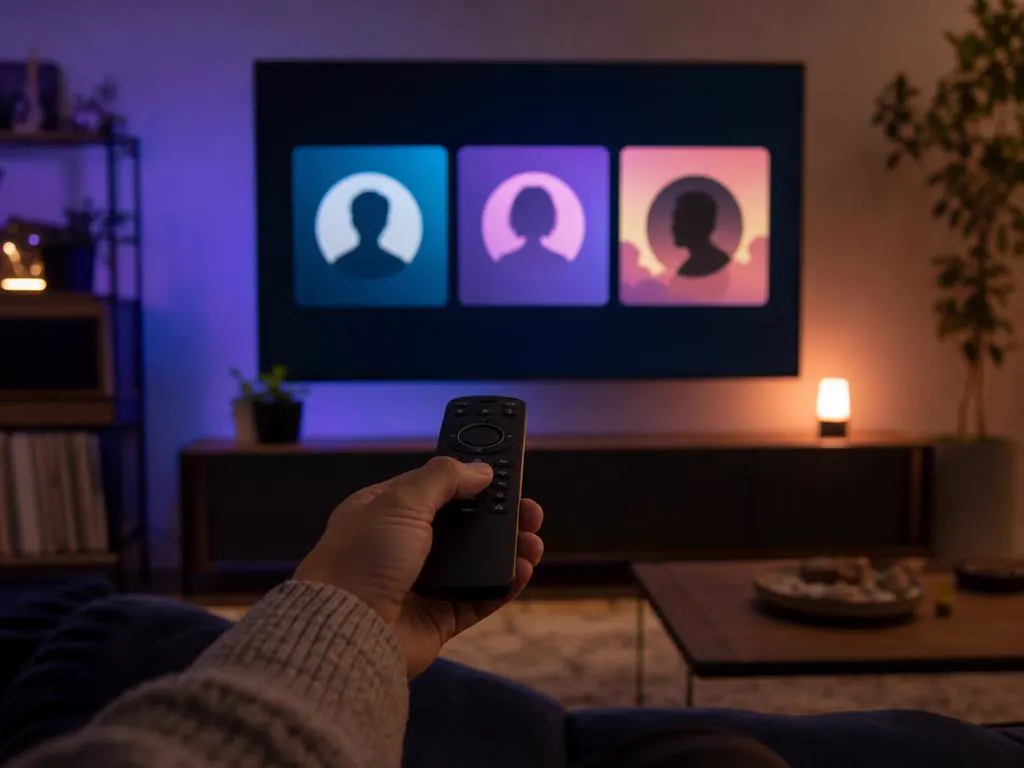 Écran de TV avec une liste de trois cartes de profil abstraites, télécommande au premier plan