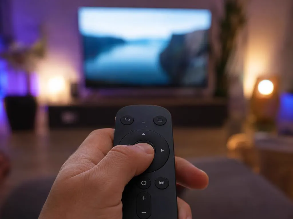 Gros plan sur une main qui appuie sur une télécommande TV élégante, lumière douce du soir