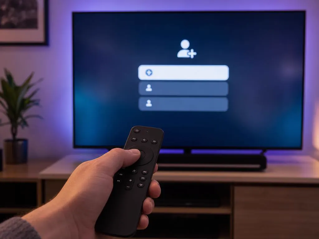 TV showing a clean add-account screen with a few rounded option buttons and a remote in hand