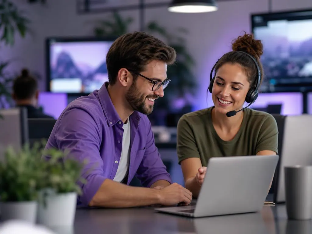 Smiling support agent with a headset helping a customer set up a playlist