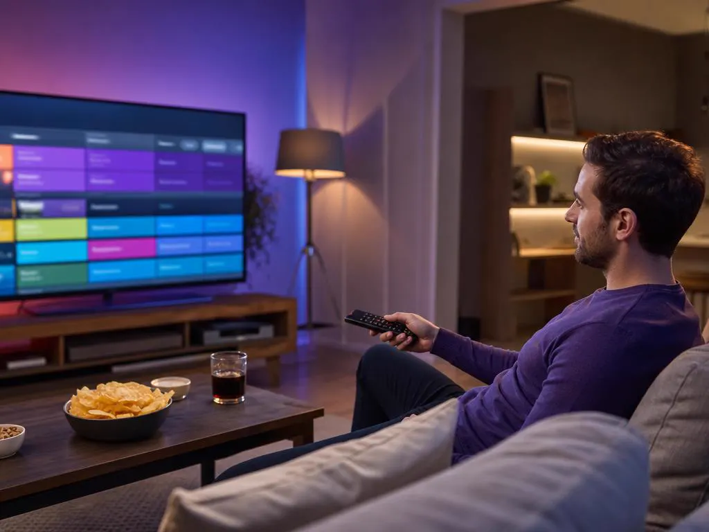 TV showing a colorful TV guide grid with program blocks and no readable text