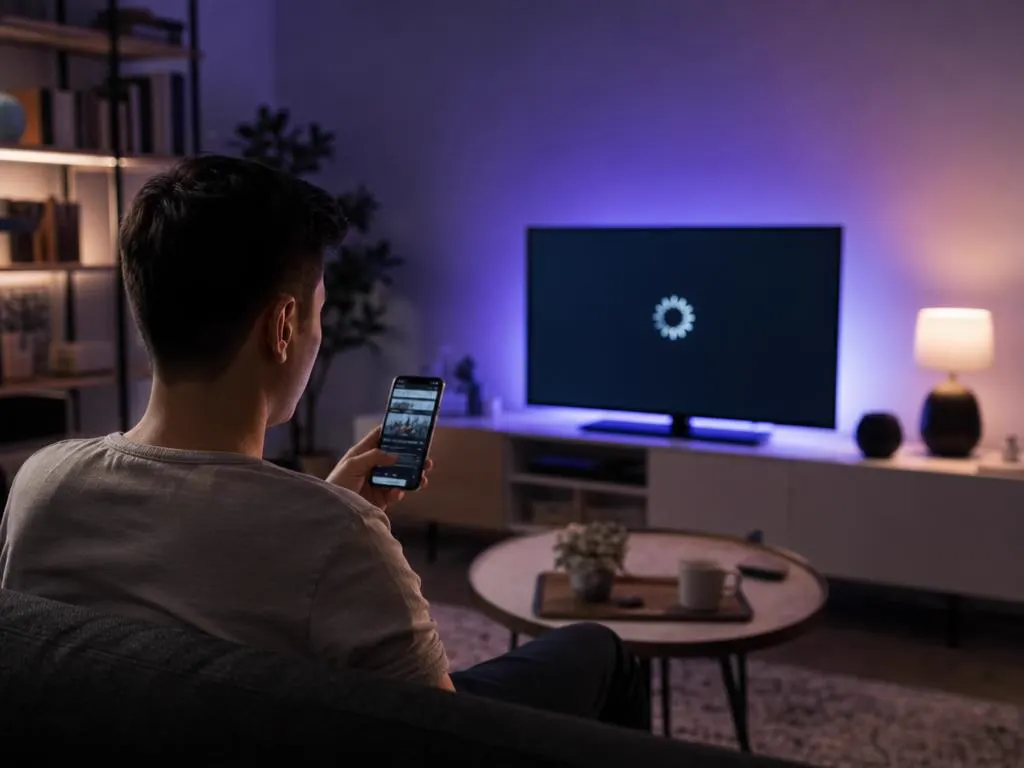 Person checking a link on a phone while a TV shows a simple loading screen