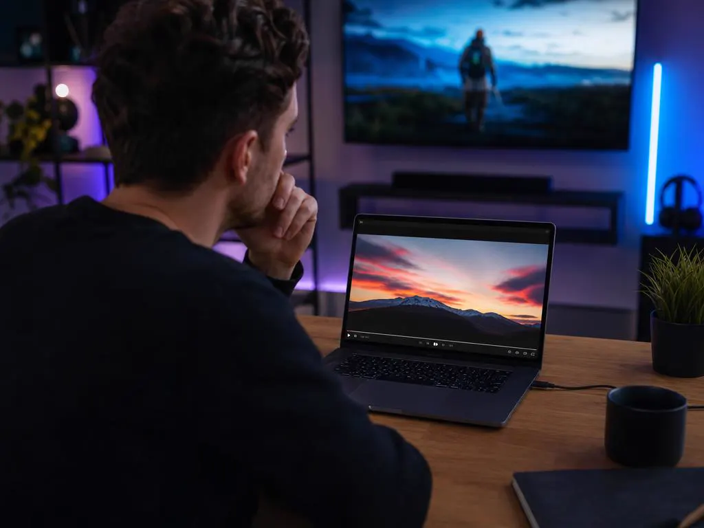 Laptop on a desk showing an IPTV player window