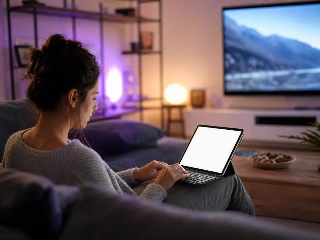 Woman typing a long link on a tablet keyboard with a TV in the background